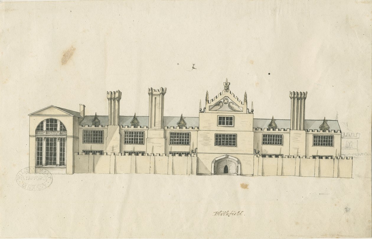 Blithfield Hall: sävytetty kynäpiirros ja [1700-luku] (piirustus) tekijältä Stebbing Shaw