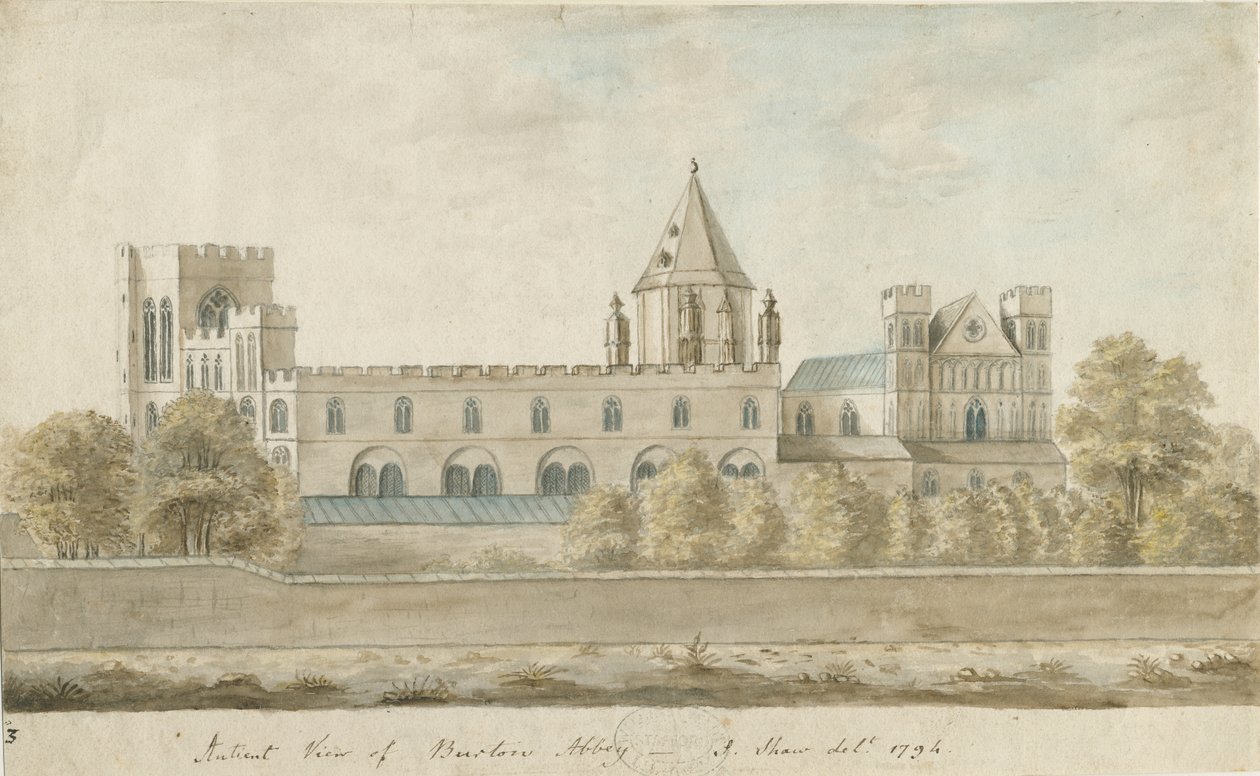 Burton-upon-Trent Abbey: akvarellimaalaus, 1794 tekijältä Stebbing Shaw