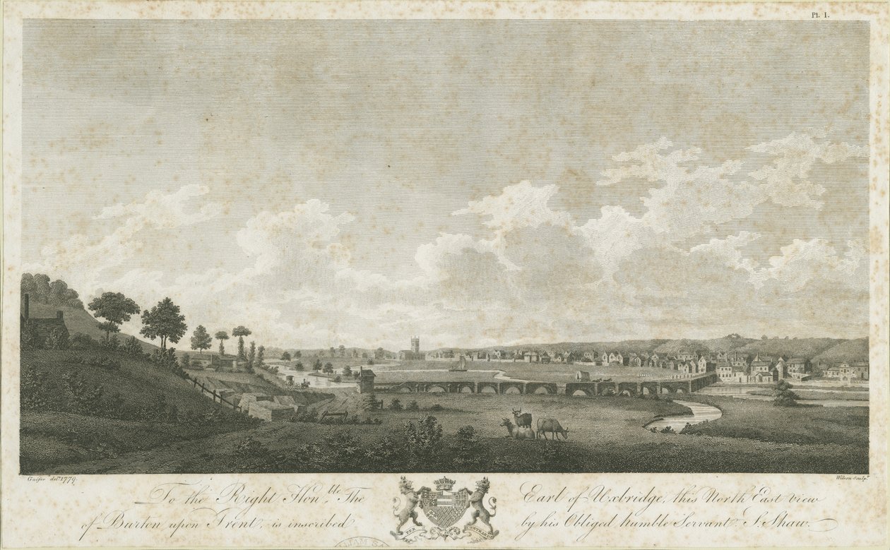 Burton-upon-Trentin silta ja kaupunki: kaiverrus, 1779 tekijältä Stebbing Shaw