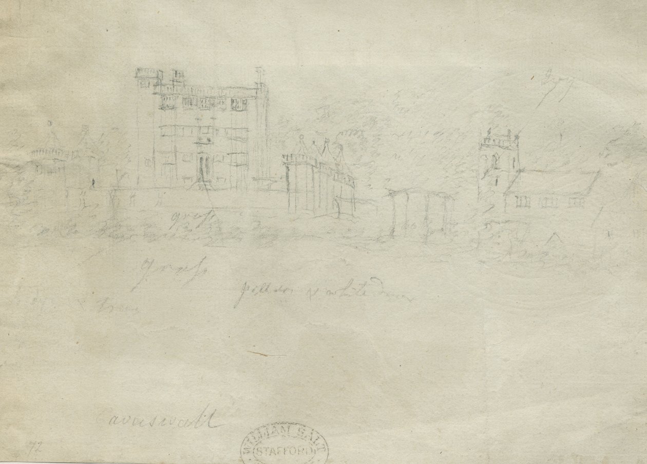 Caverswall Castle: lyijykynäpiirros, nd [c 1800] (piirustus) tekijältä Stebbing Shaw