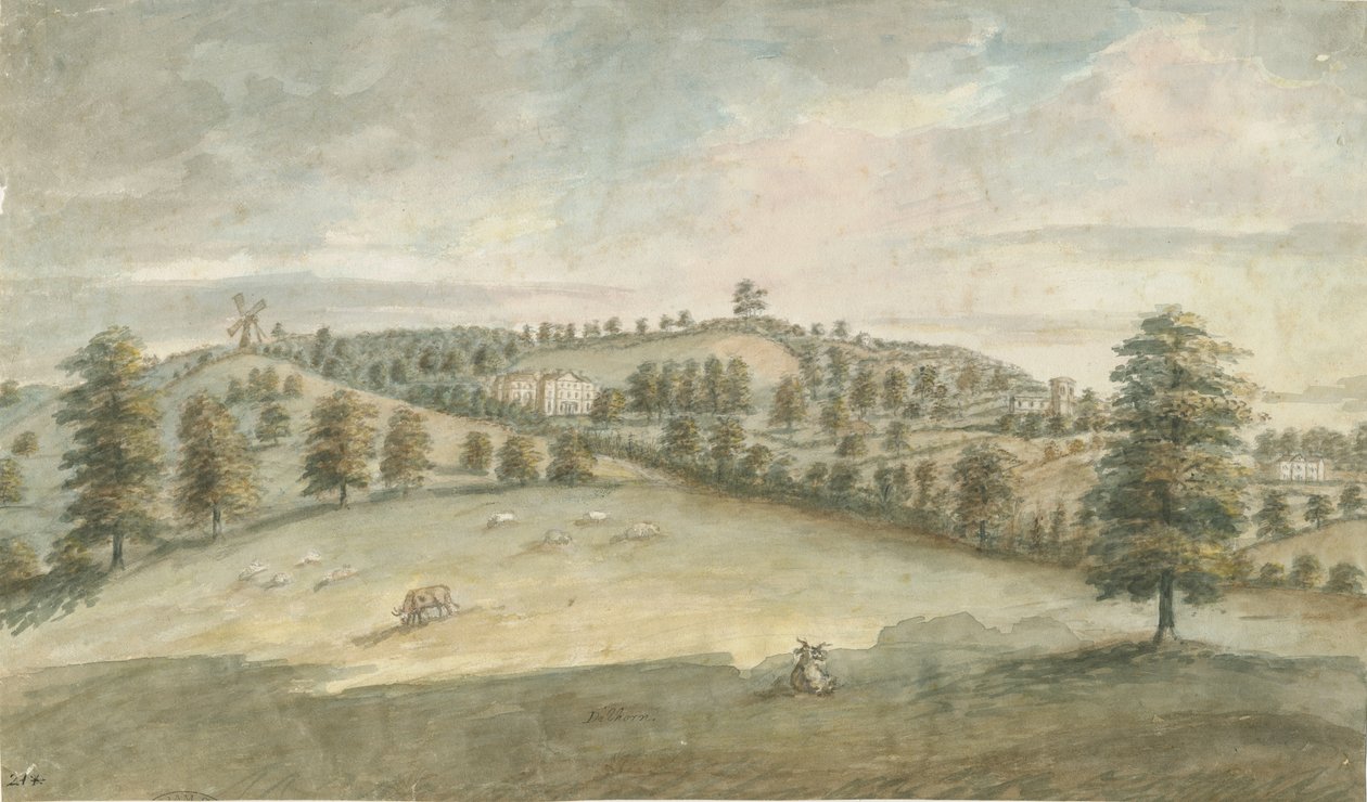 Dilhorne Hall: vesivärimaalaus, nd [1762-1802] (maalaus) (maalaus) tekijältä Stebbing Shaw