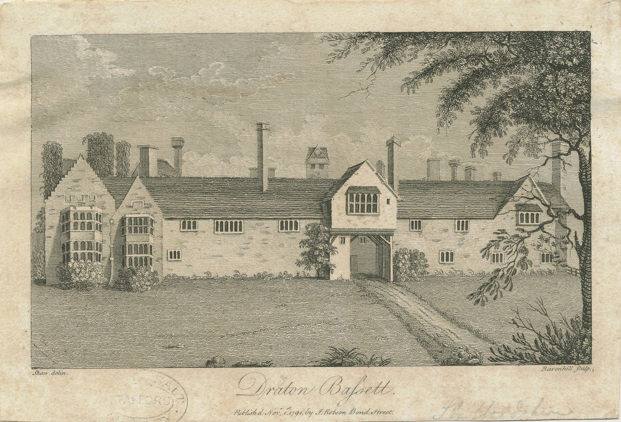 Drayton Bassett - "Drayton Manor": kaiverrus, nd [c 1791] (tulostus) tekijältä Stebbing Shaw