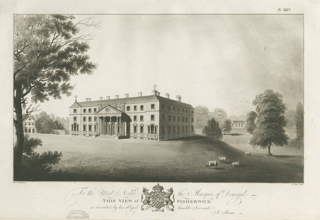 Fisherwick Hall: akvatintakaiverrus, nd [c 1797] (painettu) tekijältä Stebbing Shaw