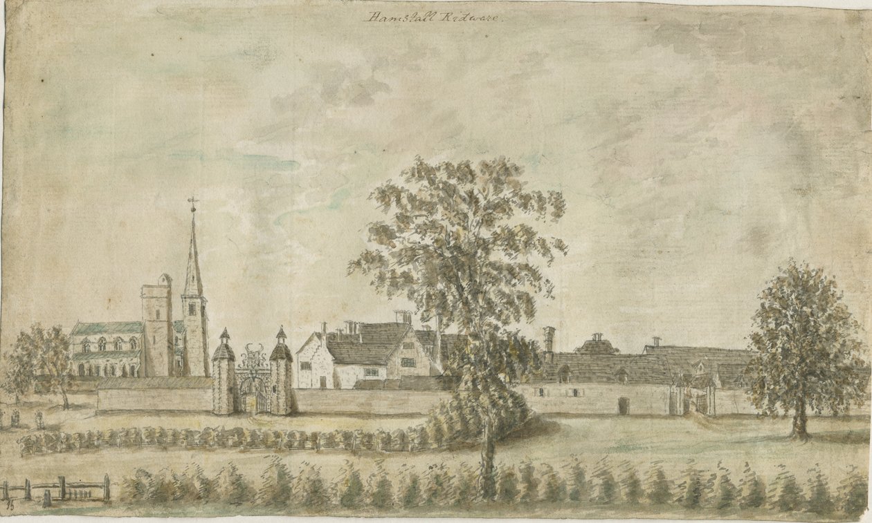 Hamstall Ridware - kirkko ja kartano: akvarellimaalaus, nd [1762-1802] tekijältä Stebbing Shaw
