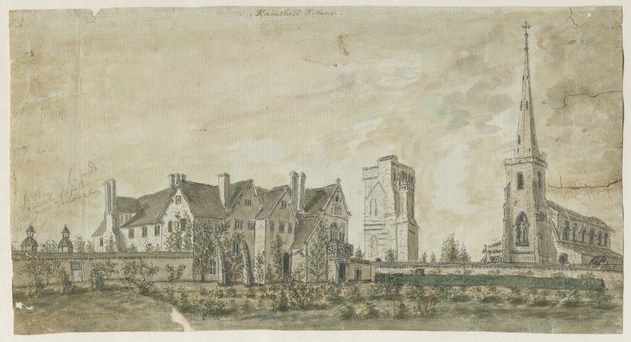 Hamstall Ridware - kirkko ja kartano: akvarellimaalaus, nd [1762-1802] tekijältä Stebbing Shaw