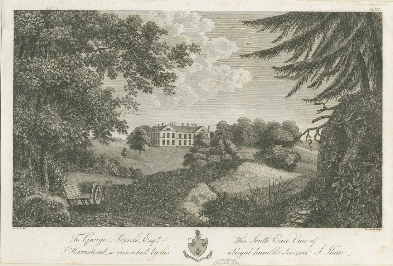 Hamstead Hall: kaiverrus, nd [1762-1802] (vedos) (painettu) tekijältä Stebbing Shaw