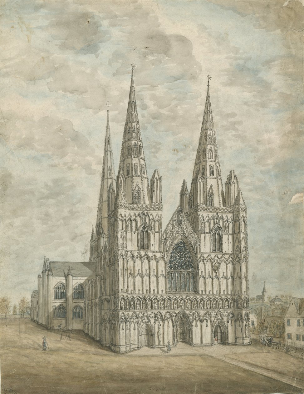 Lichfield Cathedral - West Front: akvarellimaalaus, nd [1762-1802] tekijältä Stebbing Shaw
