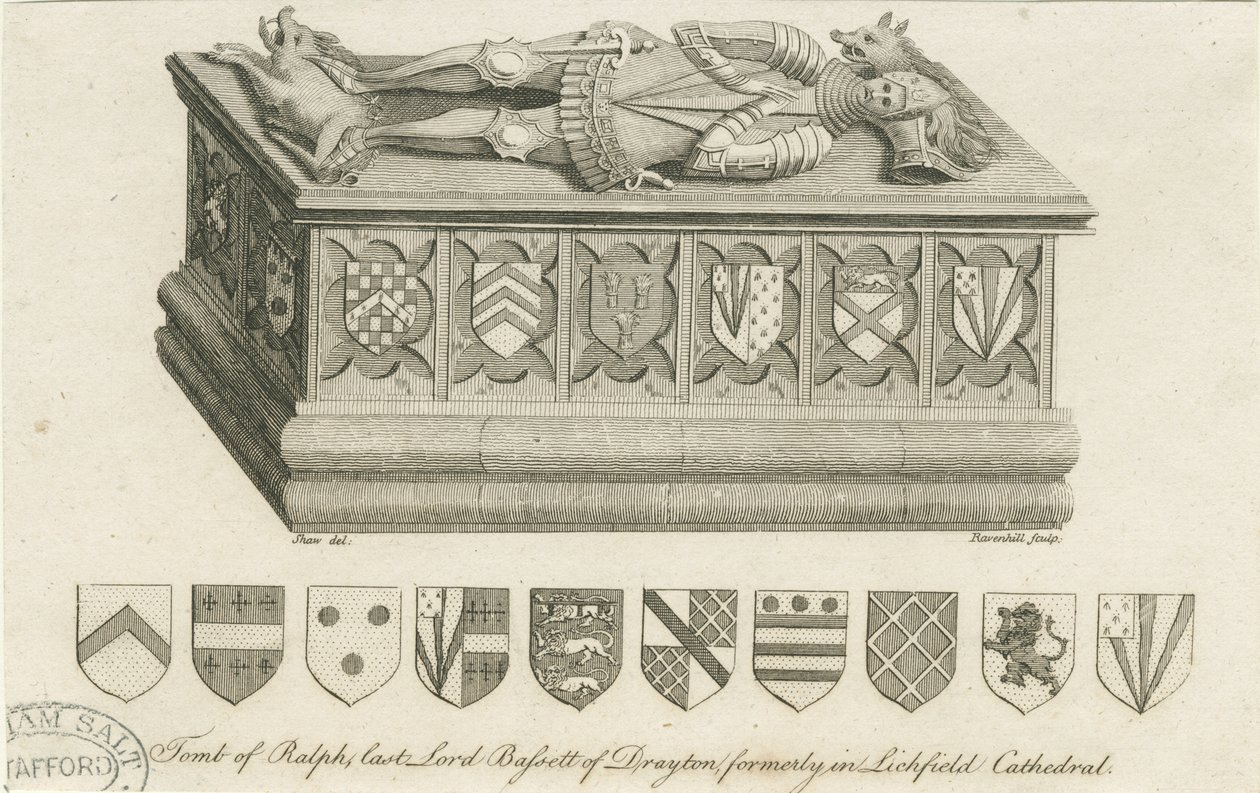 Lichfieldin katedraali - Lord Bassettin hauta: kaiverrus ja [c 1791] (tulostus) tekijältä Stebbing Shaw