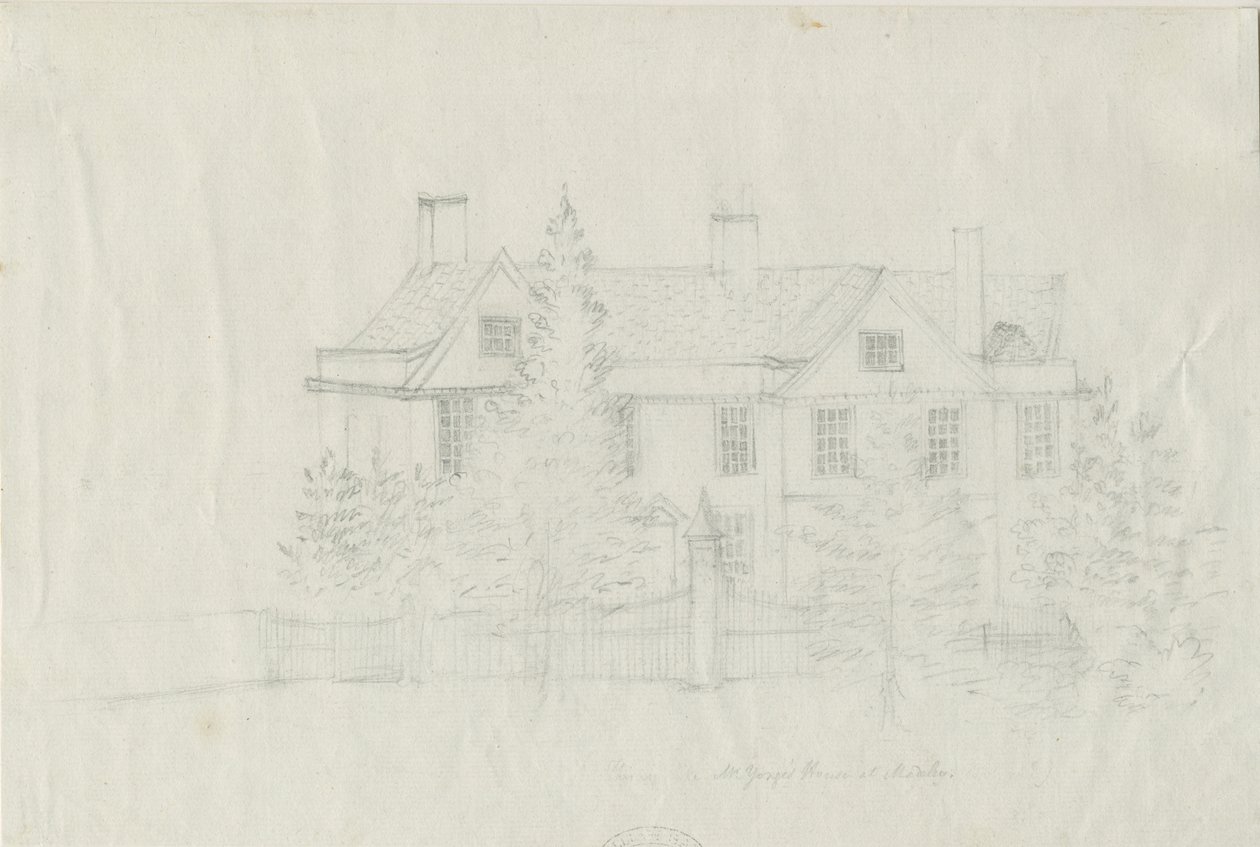 Madeley - [?Mr Youngin] House: lyijykynäpiirros ja [?1700-luku] tekijältä Stebbing Shaw