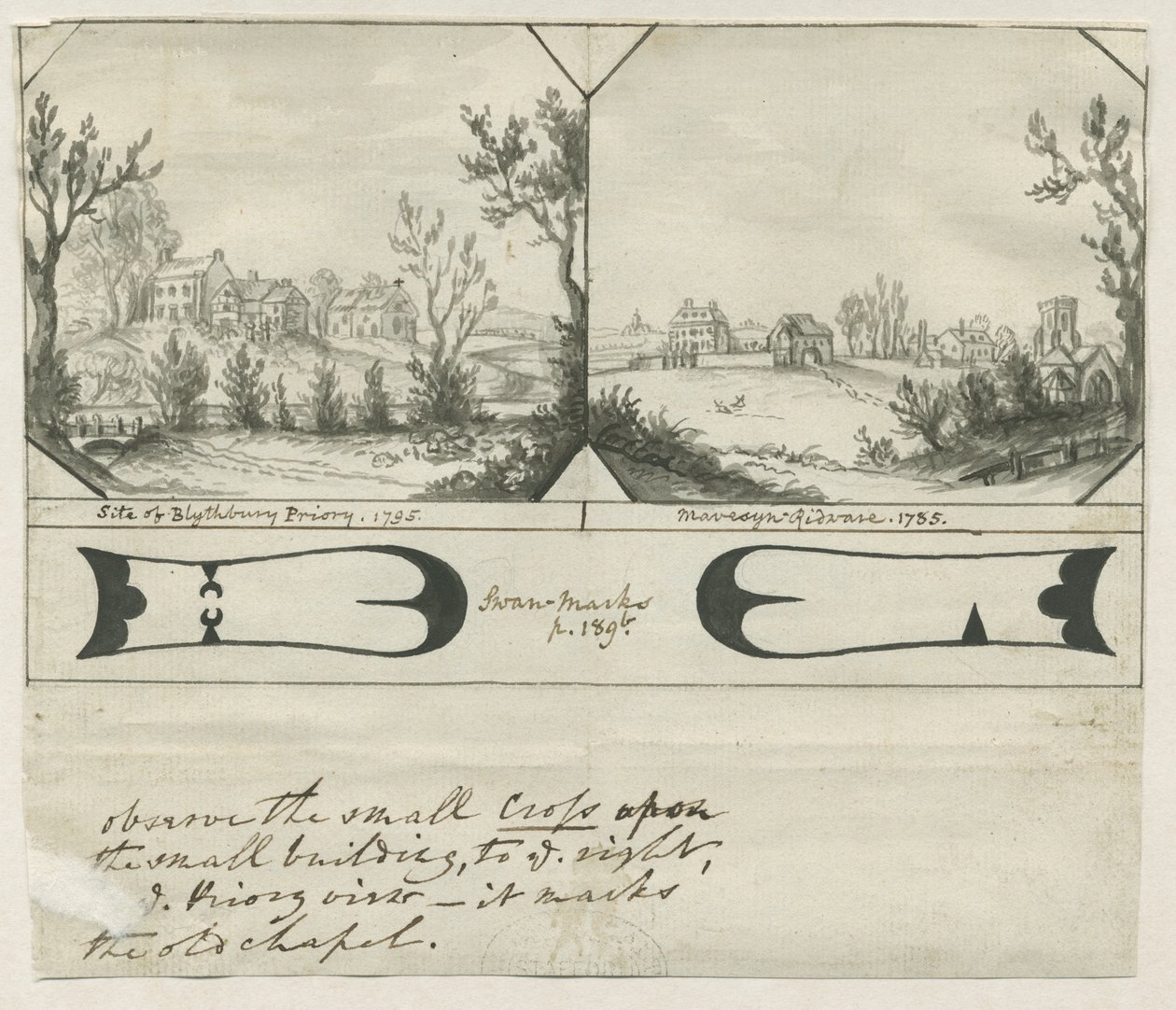 Mavesyn Ridware - Blythbury Prioryn paikka: intialainen mustepiirustus, 1795 tekijältä Stebbing Shaw