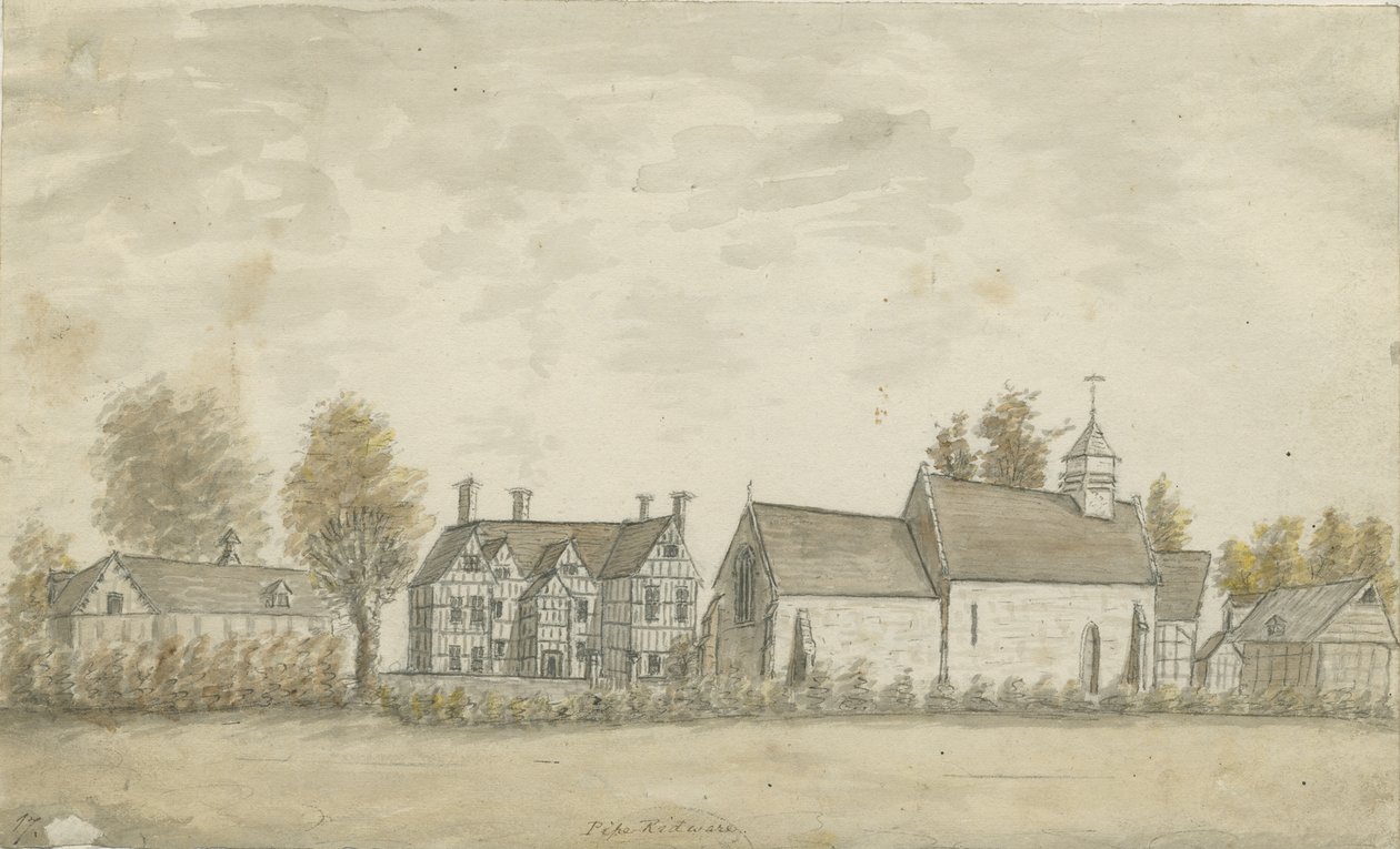 Pipe Ridware -kirkko ja kartano: vesivärimaalaus, nd [1762-1798] tekijältä Stebbing Shaw
