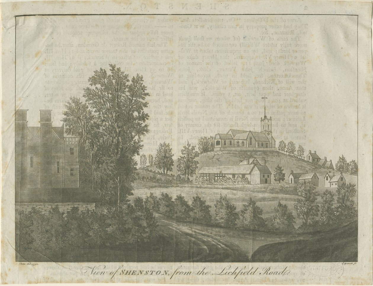 Shenstonen kirkko ja kylä: akvatintakaiverrus, 1792 tekijältä Stebbing Shaw