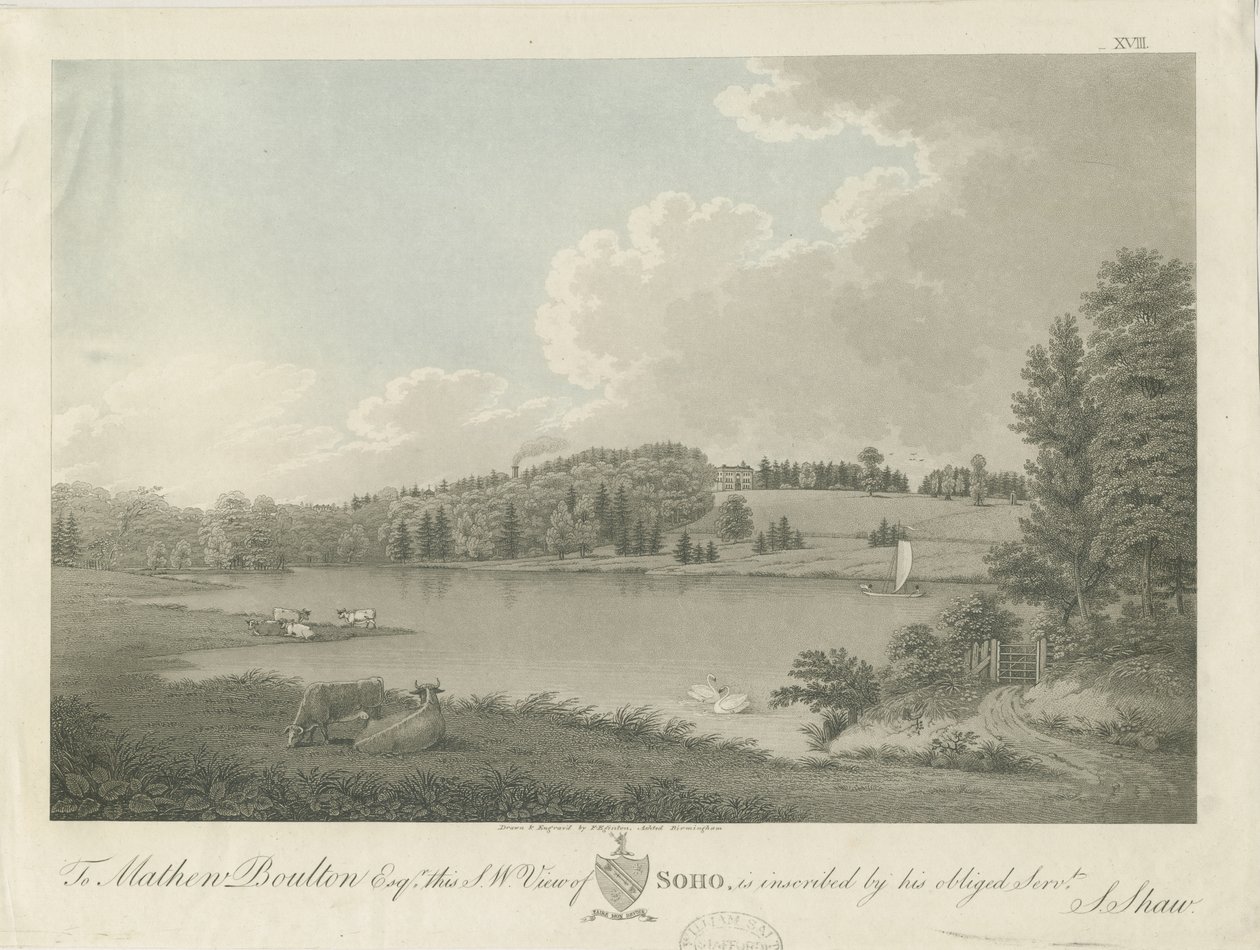 Soho - [Matthew Boultonin] talo: kaiverrus, nd [c 1798] (tulostus) tekijältä Stebbing Shaw