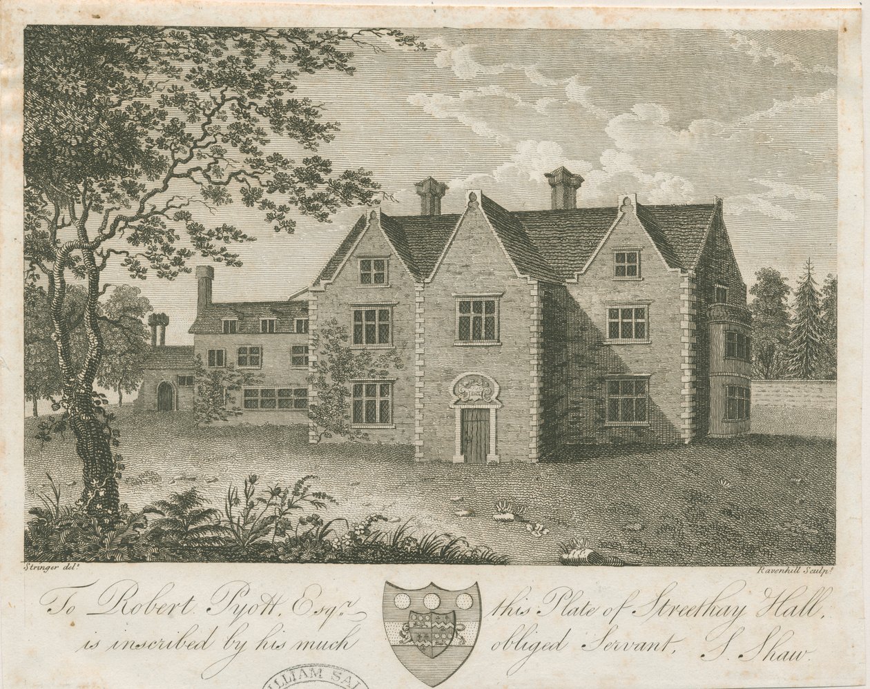 Streethay Hall: kaiverrus, nd [18. vuosisadan loppupuoli] (vedos) (printti) tekijältä Stebbing Shaw