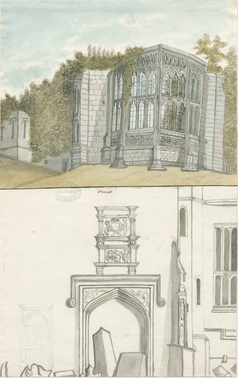 Tixall - Goottilainen ikkuna ja heraldinen antiikki: akvarellimaalaus, nd [1762-1802] (maalaus) tekijältä Stebbing Shaw