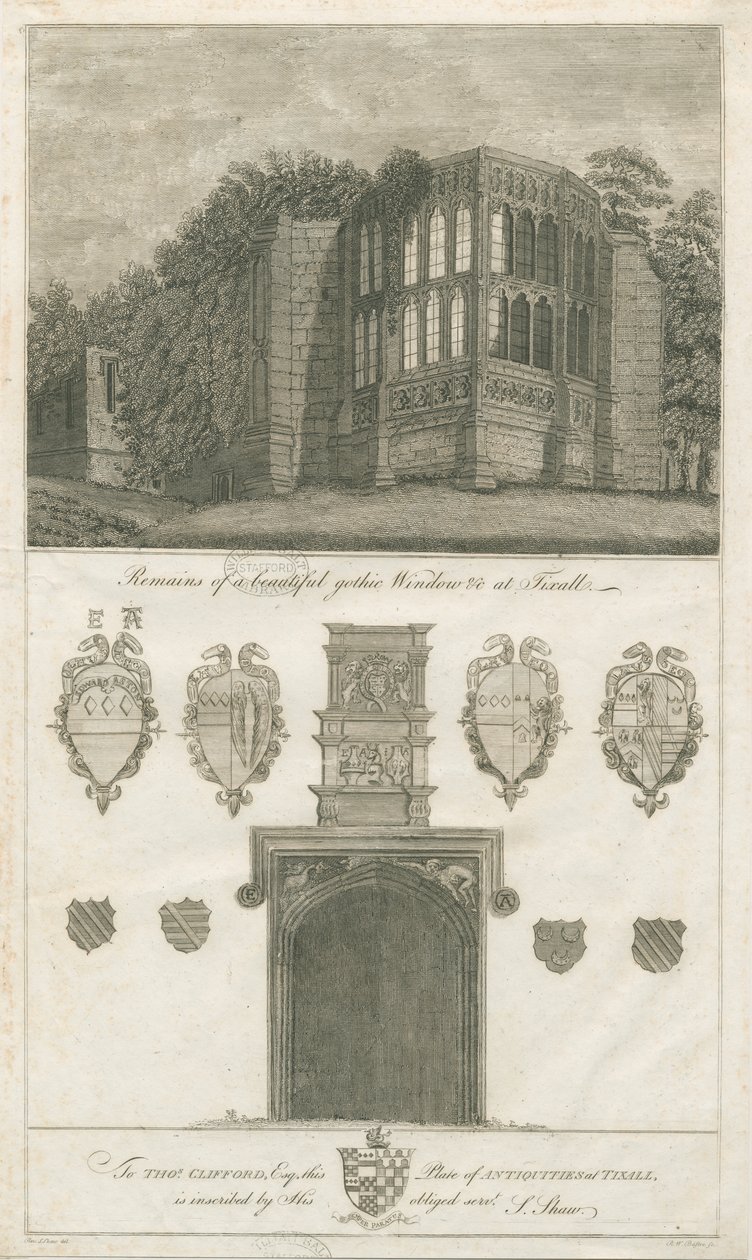 Tixall Hall - Goottilainen ikkuna ja heraldinen antiikki: kaiverrus, nd [1762-1802] (painettu) tekijältä Stebbing Shaw
