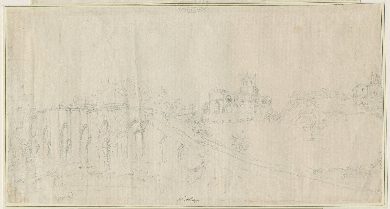 Tutburyn kirkko ja linna - Koillisnäkymä: lyijykynäpiirros, nd [1762-1802] (piirustus) tekijältä Stebbing Shaw