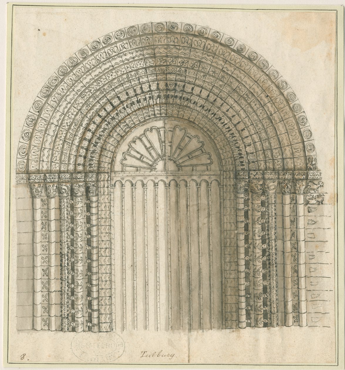 Tutbury Priory Church - Arch in West Door: kynä- ja seepiapiirustus, nd [1762-1802] (painettu) tekijältä Stebbing Shaw