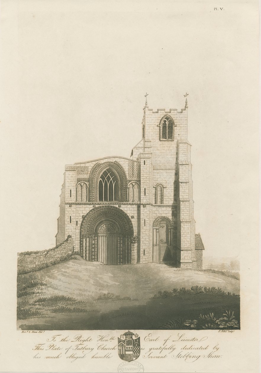 Tutbury Priory Church: akvatintakaiverrus, nd [c 1798] (tulostus) tekijältä Stebbing Shaw