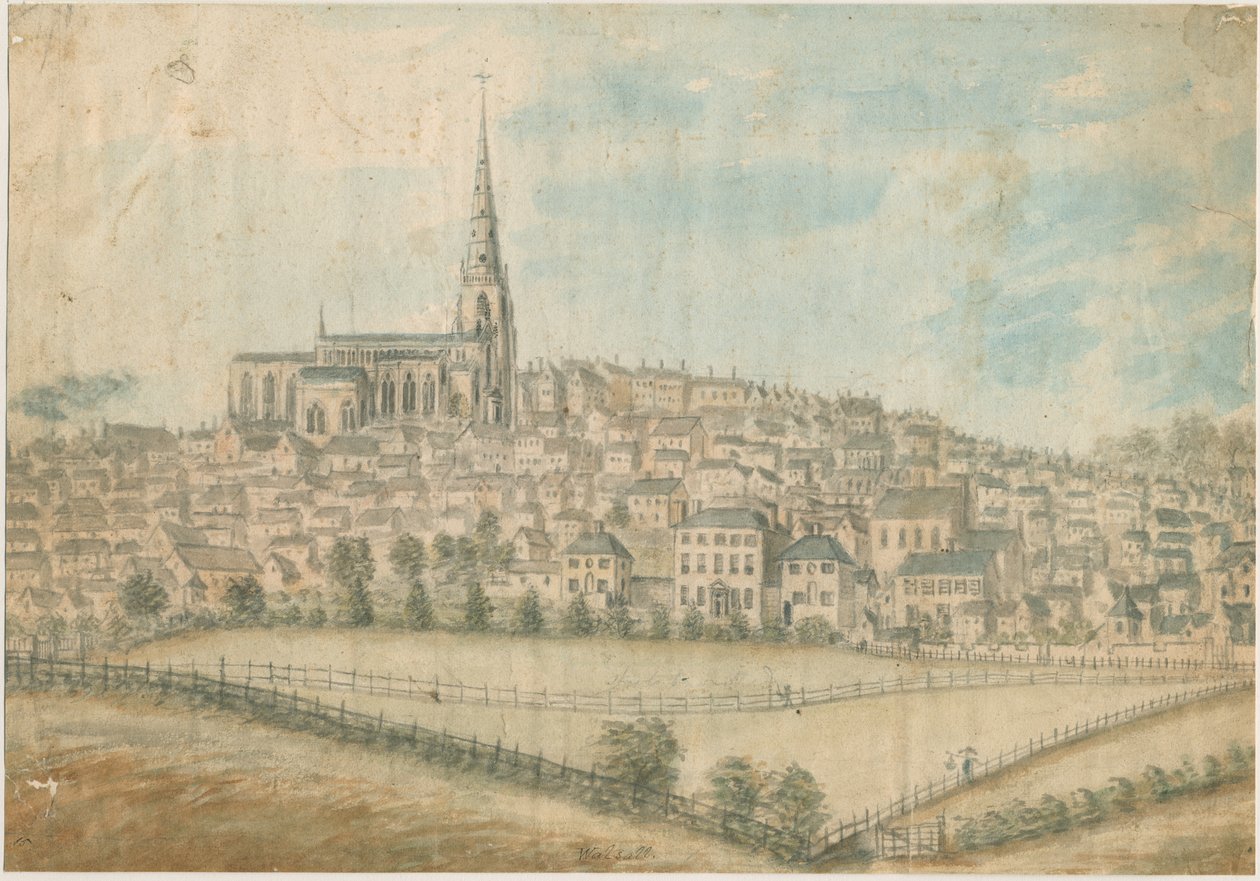 Walsall Town - Luoteisnäkymä: akvarellimaalaus ja [c 1798] tekijältä Stebbing Shaw