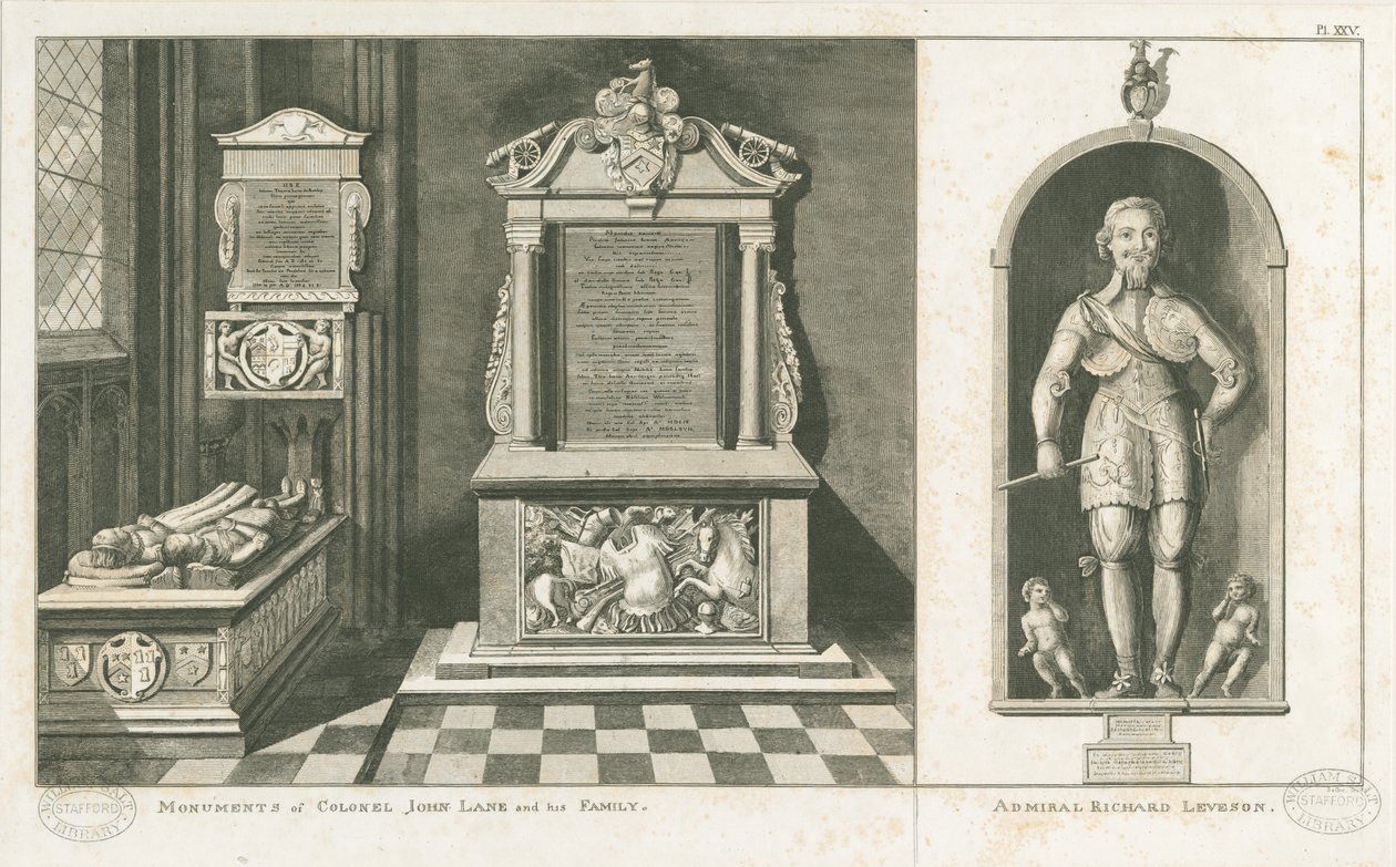 Wolverhampton - Eversti John Lanen ja amiraali Richard Levesonin muistomerkit: kaiverrus, nd [c 1798] (painettu) tekijältä Stebbing Shaw