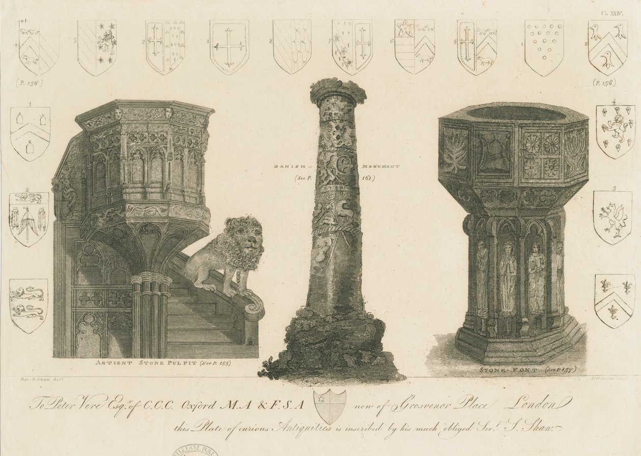 Wolverhampton - Pyhän Pietarin kirkon saarnatuoli, pylväs ja suihkulähde: kaiverrus, nd [n. 1798] (painettu) (painokuva) tekijältä Stebbing Shaw