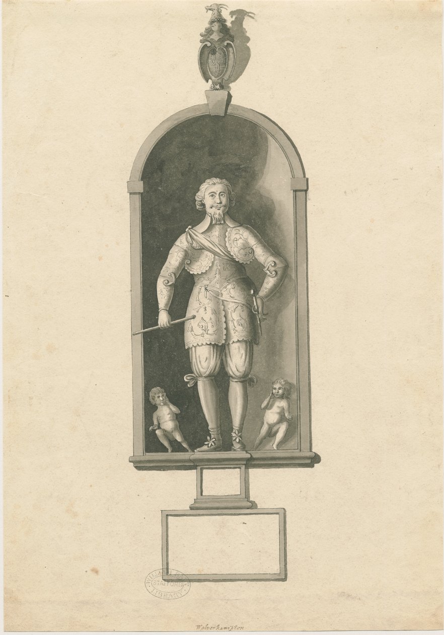 Wolverhampton - Admiral Richard Levesonin patsas Pyhän Pietarin kirkossa: kynä- ja pesupiirustus, nd [1700-luvun lopulla] (piirustus) tekijältä Stebbing Shaw