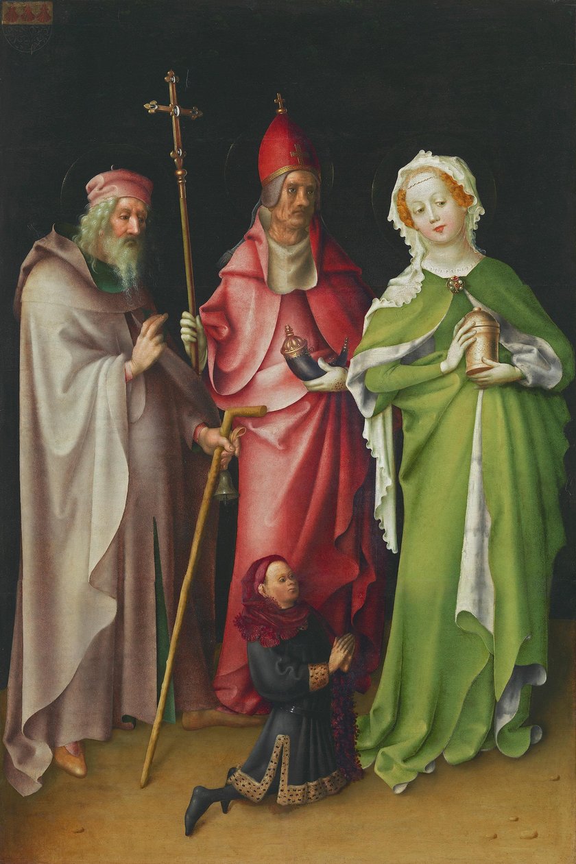 Flügel des Weltgerichtsaltares: Hl. Antonius, Papst Cornelius und Maria Magdalena mit einem Stifter tekijältä Stefan Lochner
