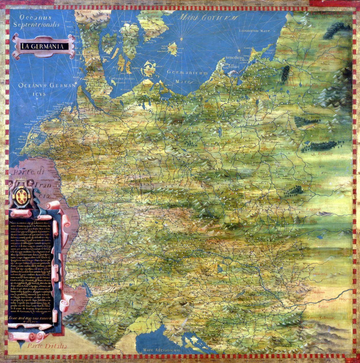 Kuudennentoista vuosisadan Saksan kartta, "Sala delle Carte Geografiche" (Maantieteellisten karttojen sali) 1575 tekijältä Stefano Bonsignori