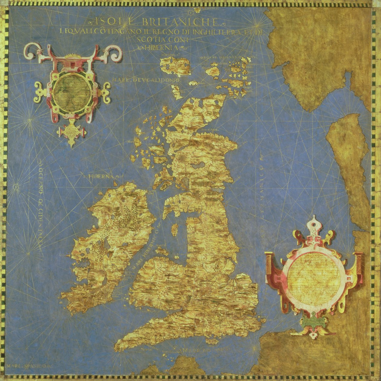 Kuudennentoista vuosisadan Brittein saarten kartta "Sala delle Carte Geografichesta" (Maantieteellisten karttojen hallista) 1575 tekijältä Stefano Bonsignori
