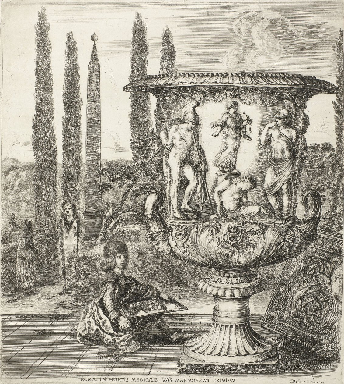 Nuori Cosimo III de Medici piirtää Medici-maljakon, 1656 tekijältä Stefano della Bella