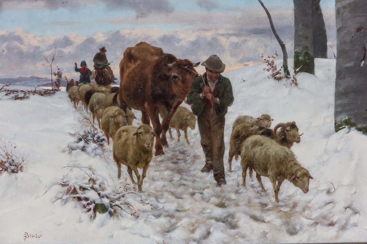 Palaa torilta lumisateen jälkeen", ennen vuotta 1877 (öljy kankaalle) tekijältä Stefano Bruzzi