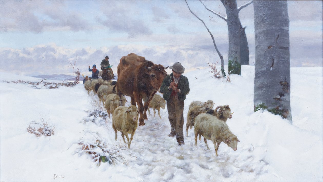 Paluu torilta lumisateen jälkeen, ennen vuotta 1877 (öljy kankaalle) tekijältä Stefano Bruzzi
