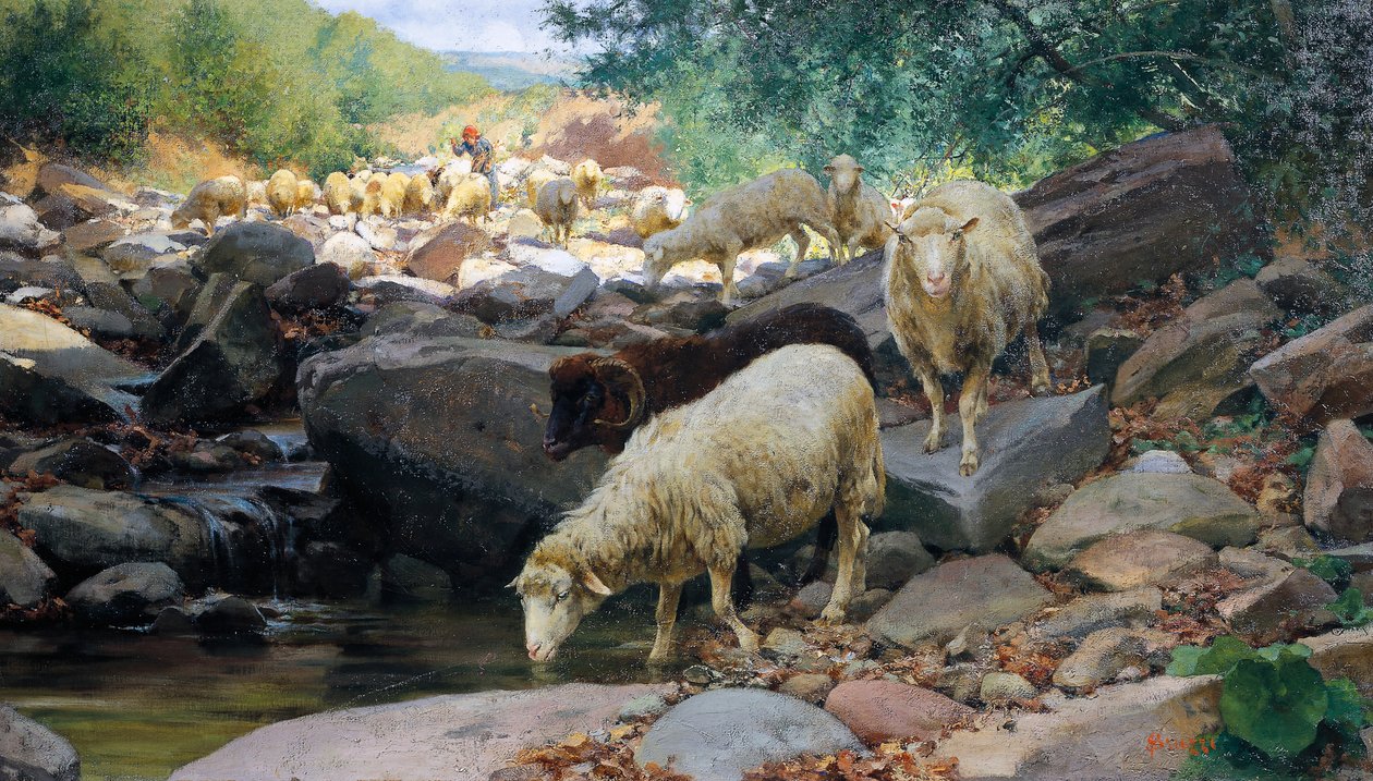 Parven kastelu Restano-joella, maalaus Stefano Bruzzi (1835-1911), Italia tekijältä Stefano Bruzzi