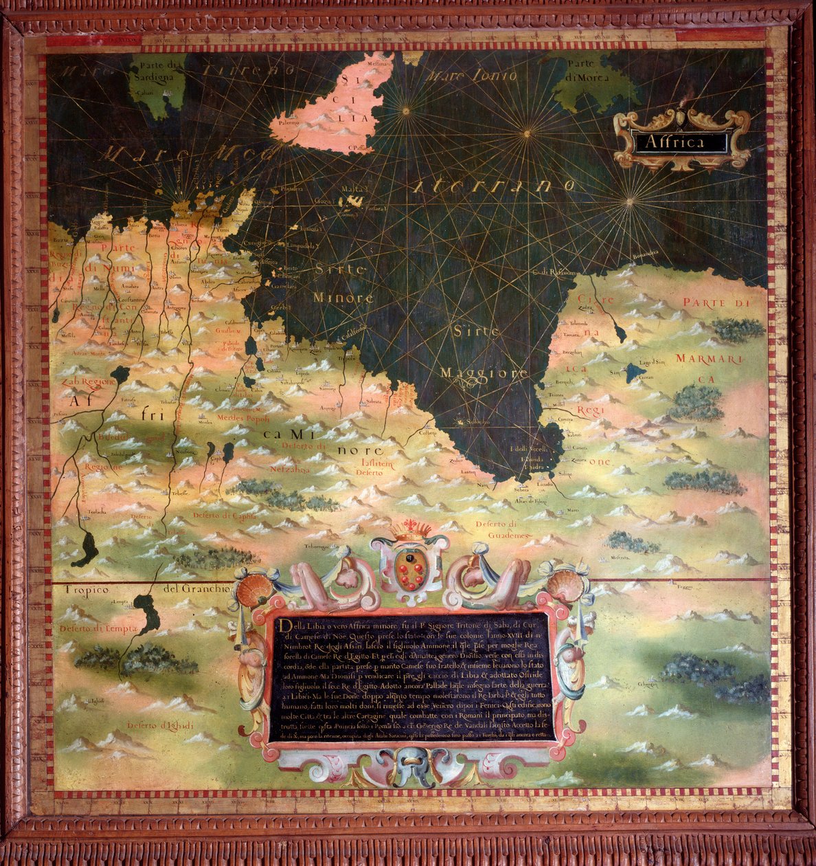 Afrique du Nord: Kyrenaic- ja Marmarique-alueen kartta, jonka on tehnyt Stefano Bonsignori (? -1589), italialainen kosmografi ja taidemaalari. Noin 1581. Firenze, Palazzo Vecchio, Sala del Mappamondo tekijältä Stefano Buonsignori