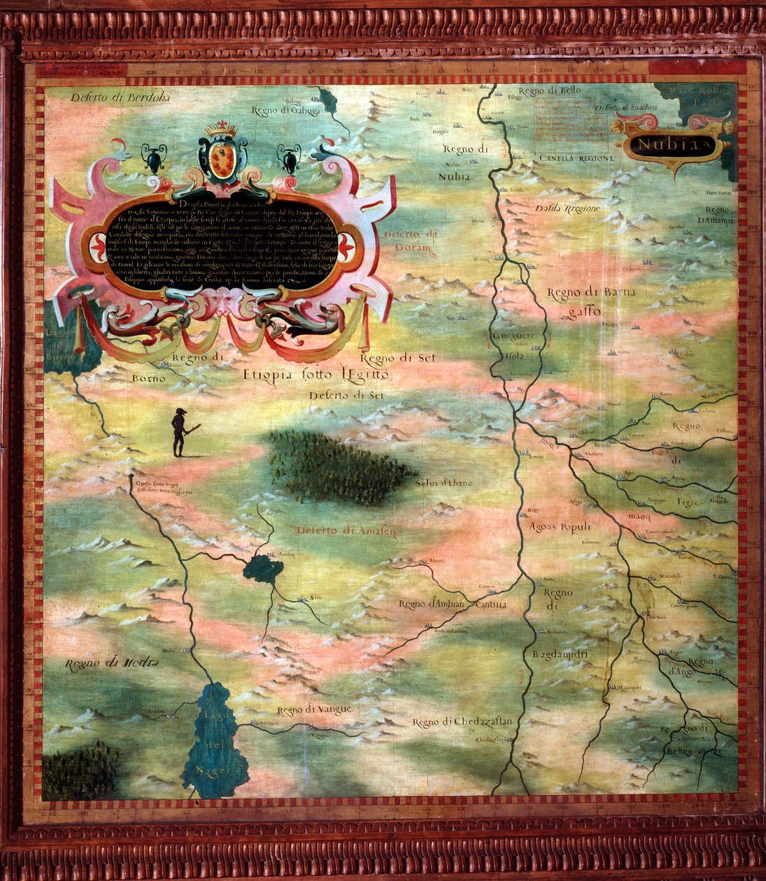 Afrikka (Nubia ja Egypti) Kartan teki Stefano Bonsignori (? -1589) italialainen kosmografi ja taidemaalari. Noin 1581. Firenze, Palazzo Vecchio, Sala del Mappamondo tekijältä Stefano Buonsignori