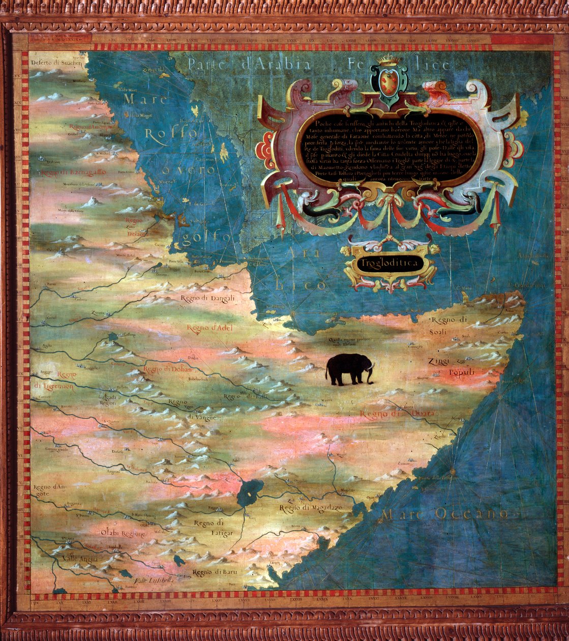 Itä-Afrikka (Somalia ja Etiopia) Kartan teki Stefano Bonsignori (? -1589) italialainen kosmografi ja taidemaalari. Noin 1581. Firenze, Palazzo Vecchio, Sala del Mappamondo tekijältä Stefano Buonsignori