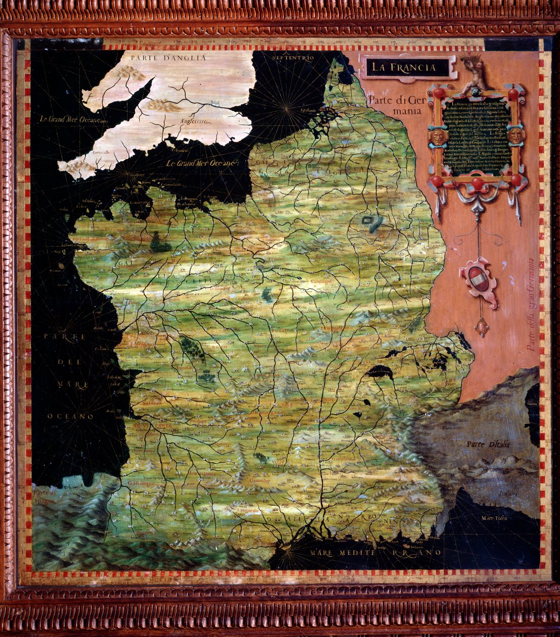 Ranska Kartan teki Stefano Bonsignori (? -1589), italialainen kosmografi ja taidemaalari. Noin 1581. Firenze, Palazzo Vecchio, Sala del Mappamondo tekijältä Stefano Buonsignori