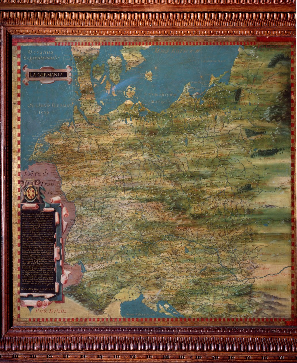 Saksa-kortin teki Stefano Bonsignori (? -1589) italialainen kosmografi ja taidemaalari. Noin 1581. Firenze, Palazzo Vecchio, Sala del Mappamondo tekijältä Stefano Buonsignori