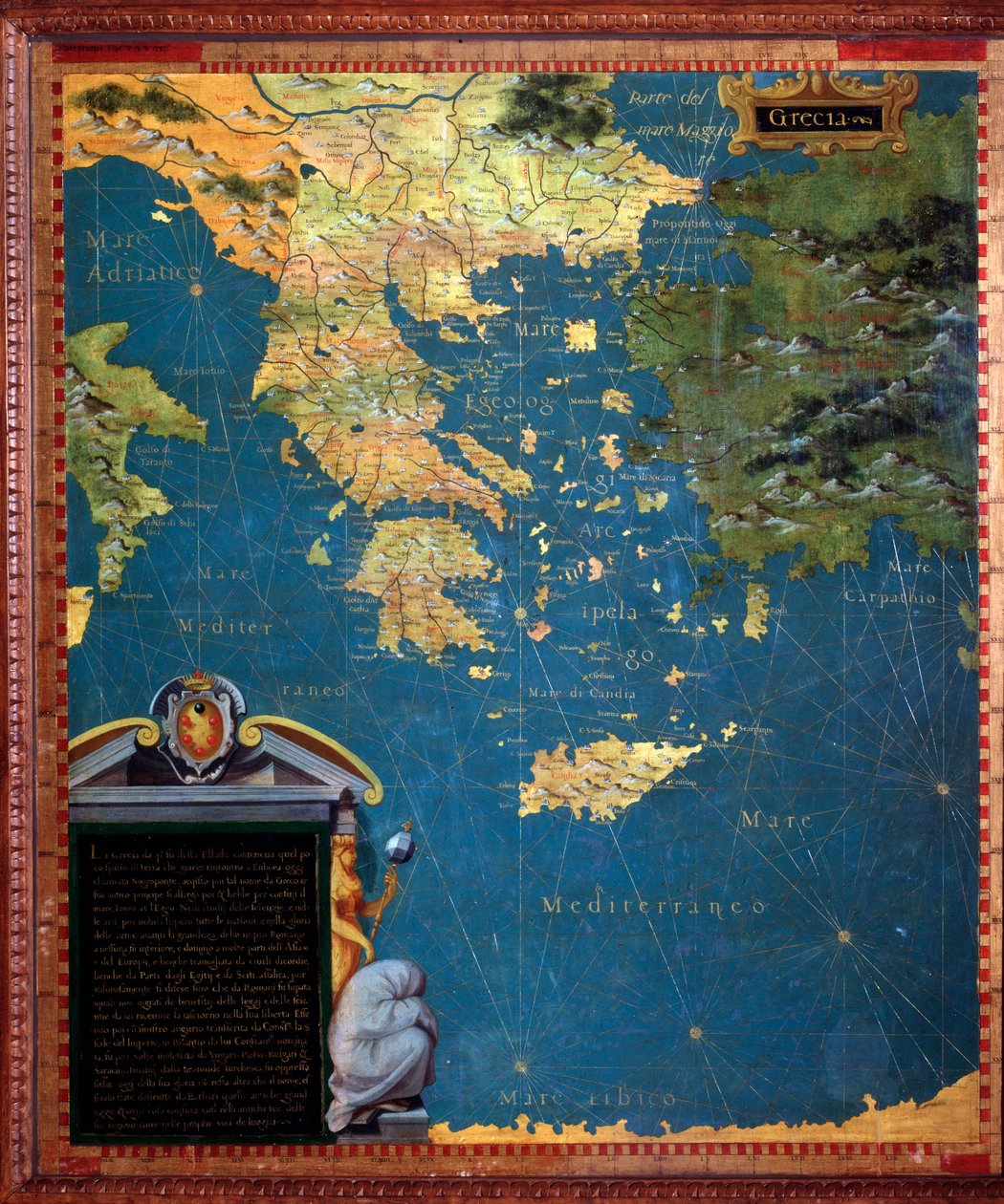 Kreikka Kartan teki Stefano Bonsignori (? -1589), italialainen kosmografi ja taidemaalari. Noin 1581. Firenze, Palazzo Vecchio, Sala del Mappamondo tekijältä Stefano Buonsignori