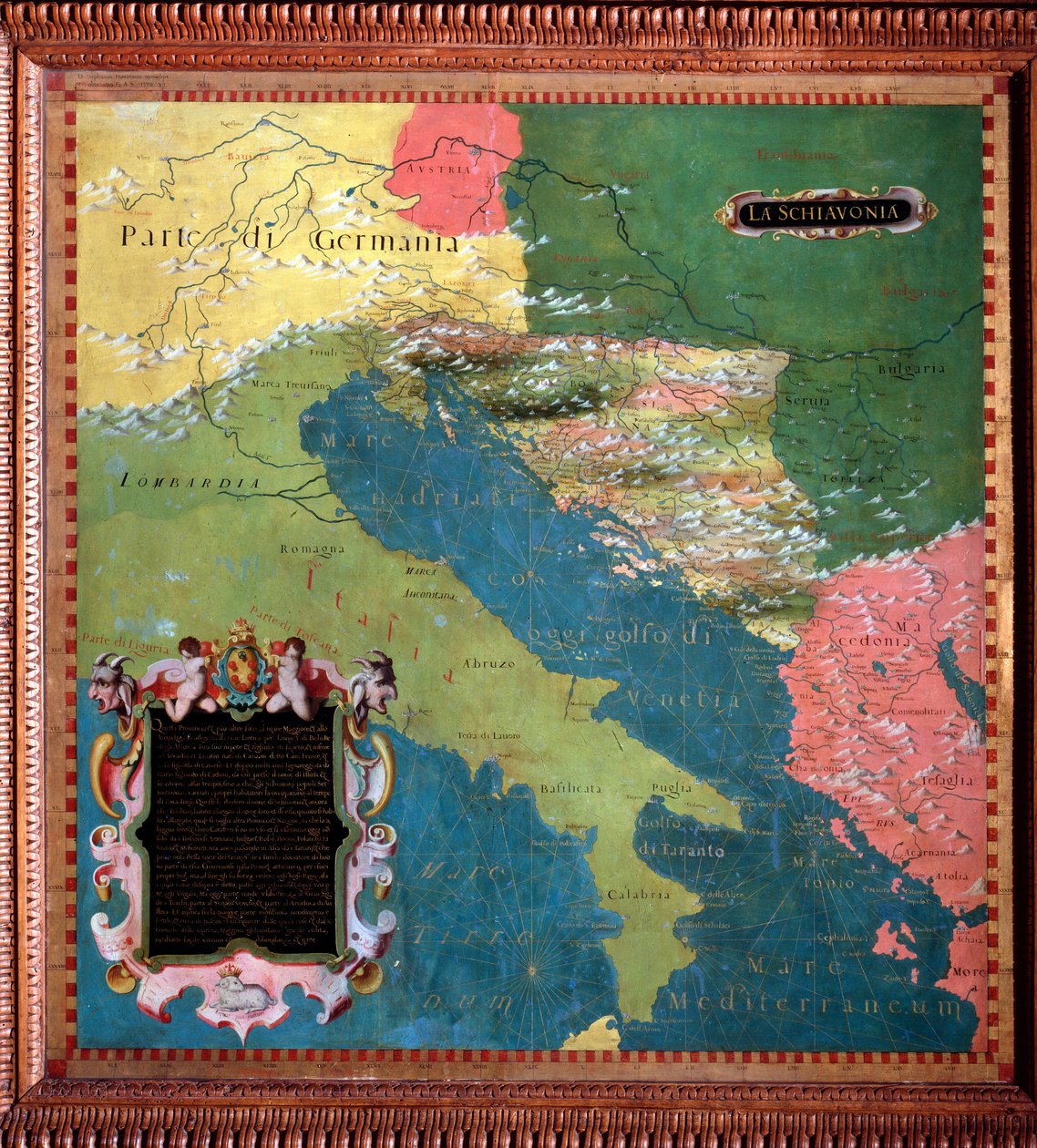 Italia ja Jugoslavia (slaavilaiset maat) Kartan teki Stefano Bonsignori (? -1589) italialainen kosmografi ja taidemaalari. Noin 1581. Firenze, Palazzo Vecchio, Sala del Mappamondo tekijältä Stefano Buonsignori
