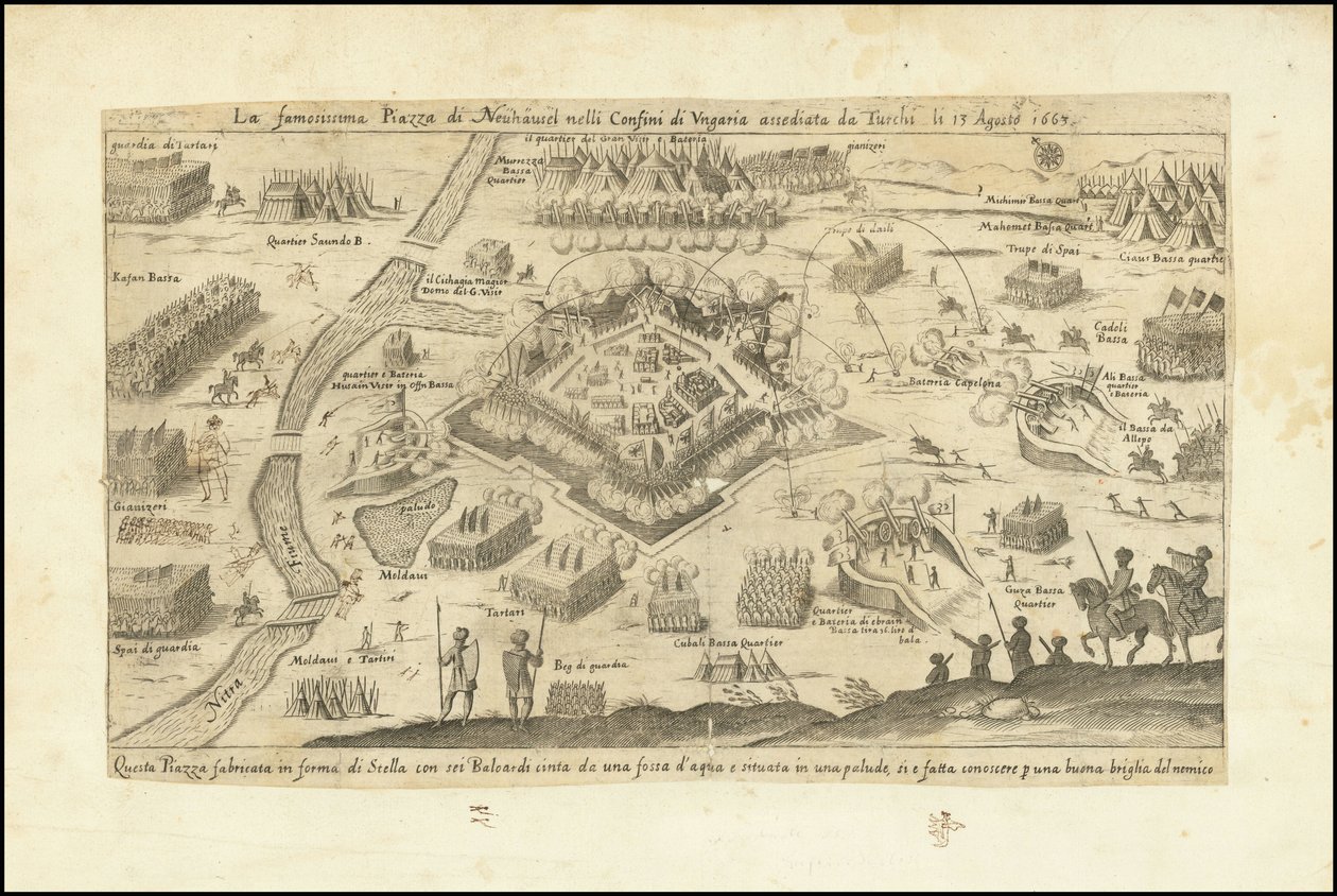 Neuhauselin kuuluisa aukio Unkarin rajalla, jota turkkilaiset piirittivät 13. elokuuta 1663. tekijältä Stefano Scolari