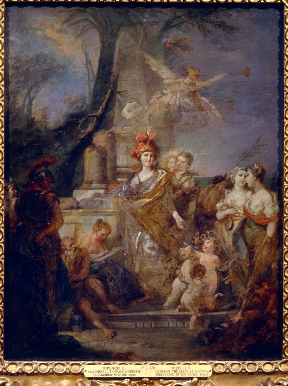 Keisarinna Katariina II (1729-1796) Minervana muusojen piirissä. Stefano Torellin (1712-1784) maalaus öljy kankaalle. italialaista taidetta tekijältä Stefano Torelli