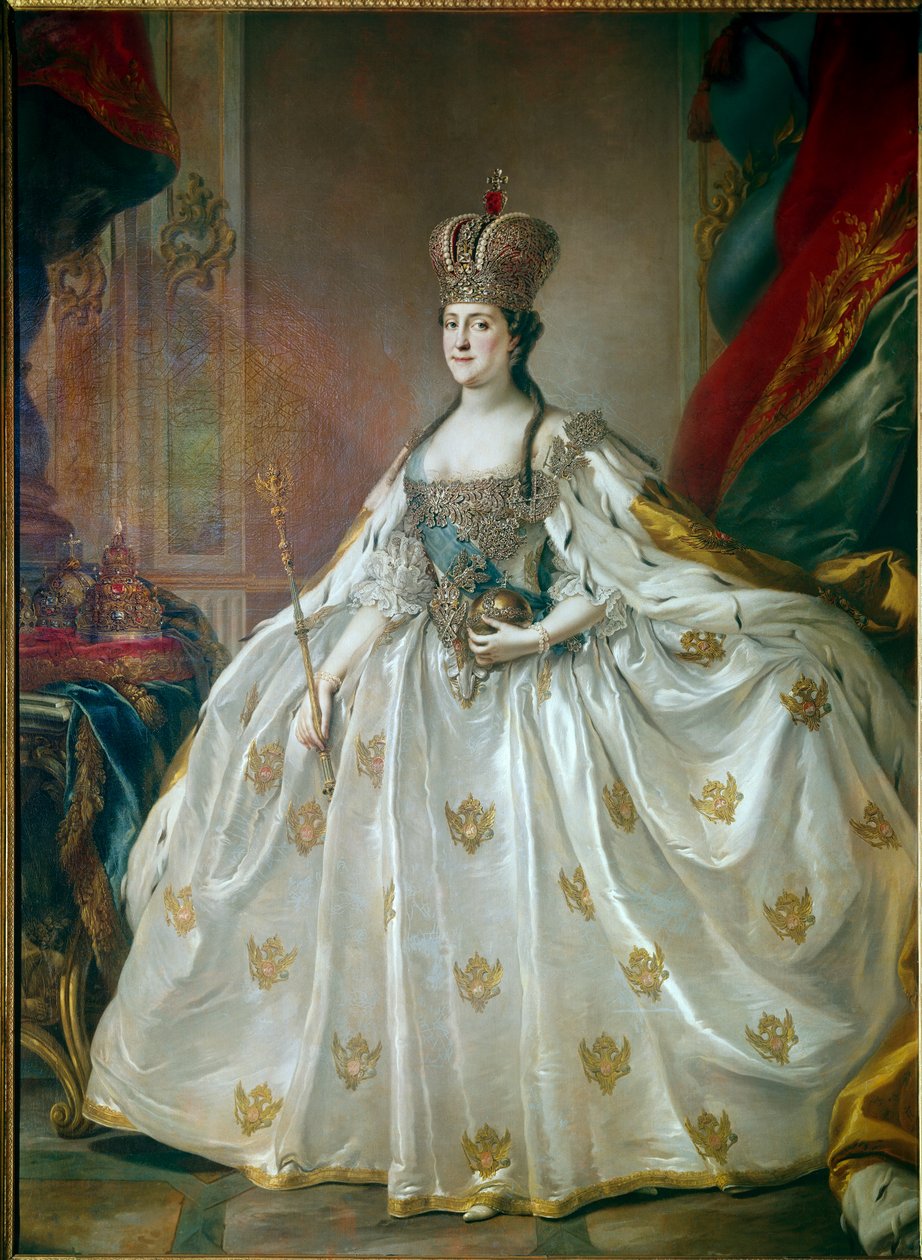 Muotokuva venäläisestä vaikutuksesta Katariina II Suuresta (1729-1796) Stefano Torellin (1712-1784) kruunausmekkomaalauksessaan 1700-luvun Eremitaaši, Pietari tekijältä Stefano Torelli
