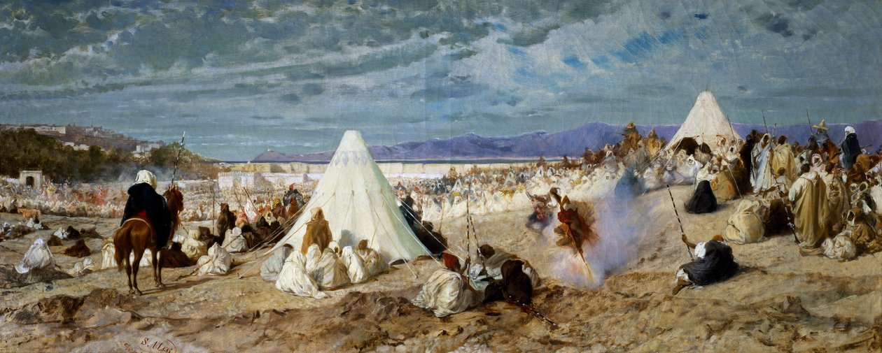Muhammedin juhla Tangerissa, Stefano Ussin (1822-1901) maalaus, öljy kankaalle, 48, 5x117, 5 cm tekijältä Stefano Ussi