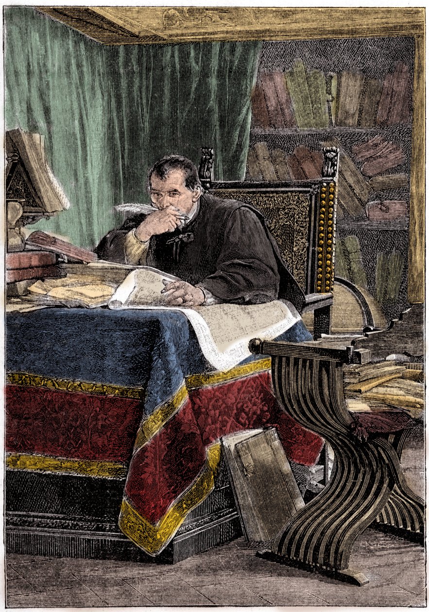 Niccolo Machiavellin (1469-1527) muotokuva (kaiverrus) tekijältä Stefano Ussi