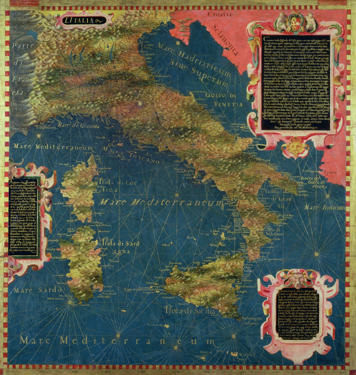 Kuudennentoista vuosisadan Italian kartta, "Sala delle Carte Geografiche" (Maantieteellisten karttojen sali) 1575 (öljy paneelille) tekijältä Stefano and Danti Egnazio Bonsignori