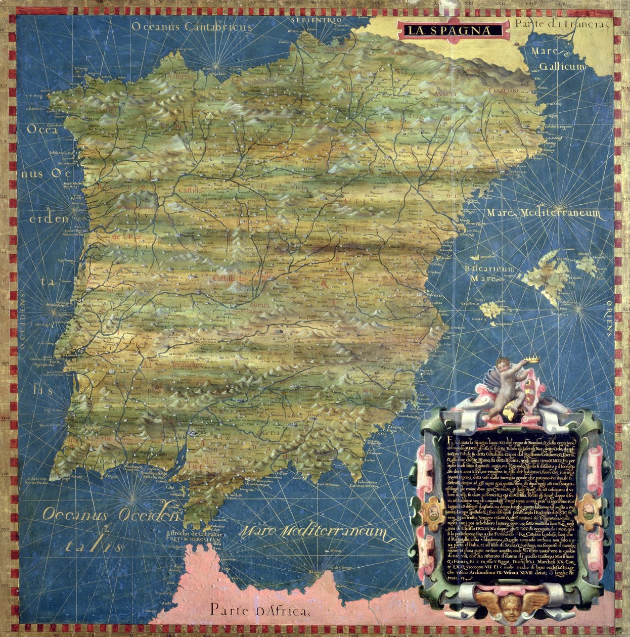 Kuudennentoista vuosisadan Espanjan kartta, "Sala delle Carte Geografiche" (Maantieteellisten karttojen sali) 1575 (öljy paneelille) tekijältä Stefano and Danti Egnazio Bonsignori