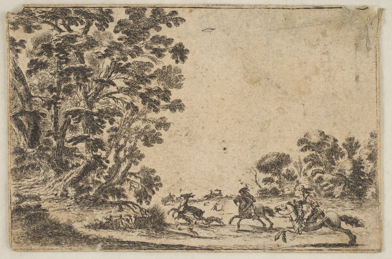 Levy 4: peuran metsästys, kaksi ratsumiestä laukkaa kohti oikeaa kolmen koiran takana ja ..., vuoden 1642 jälkeen. Tekijät: Stefano della Bella, Tuntematon. tekijältä Stefano della Bella