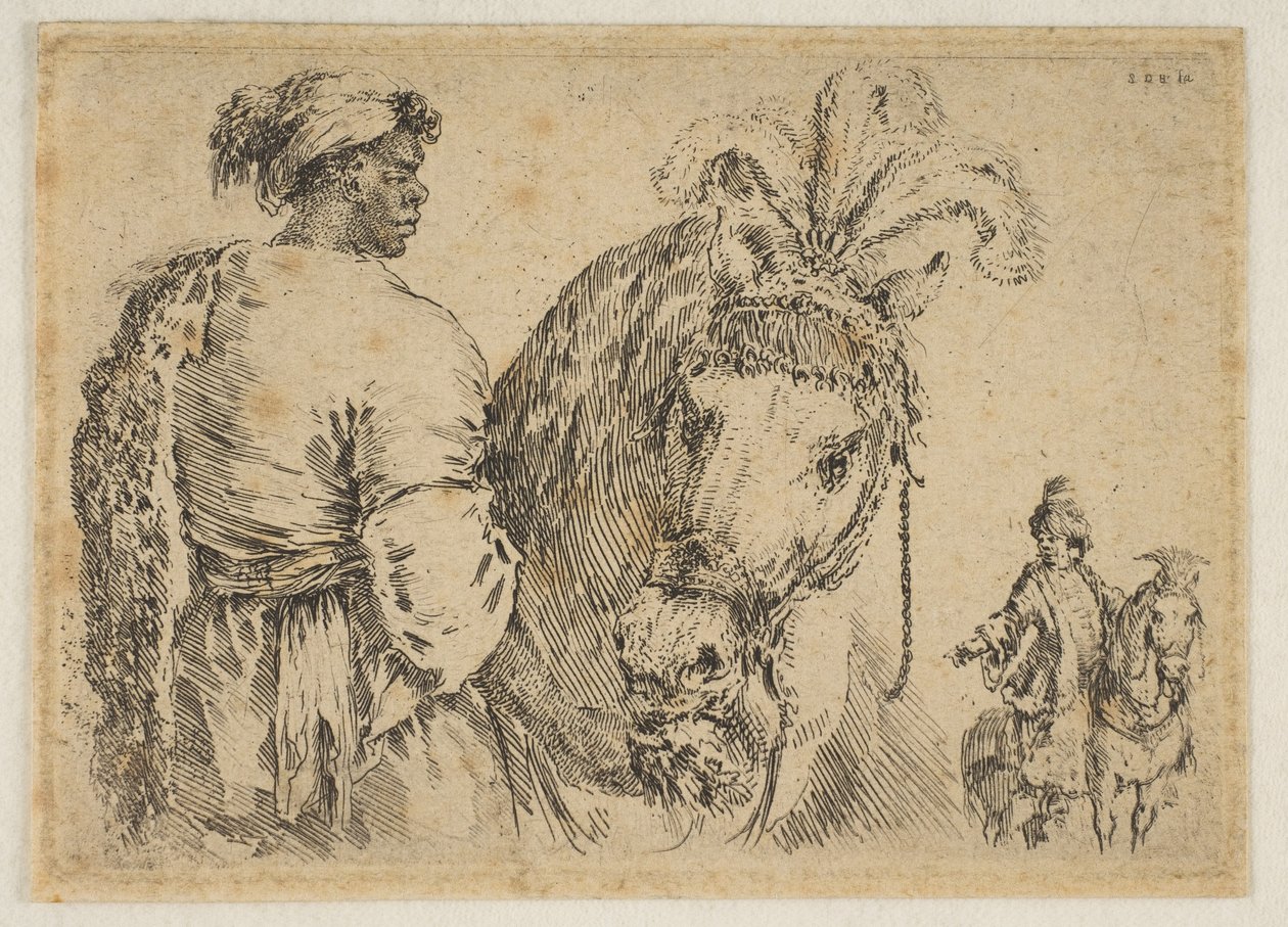 Musta mies ruokkimassa hevosta, n. 1662. tekijältä Stefano della Bella